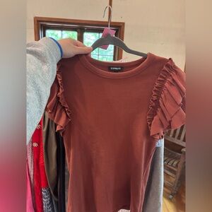 Express Brown Ruffled Cap Sleeve T-Shirt